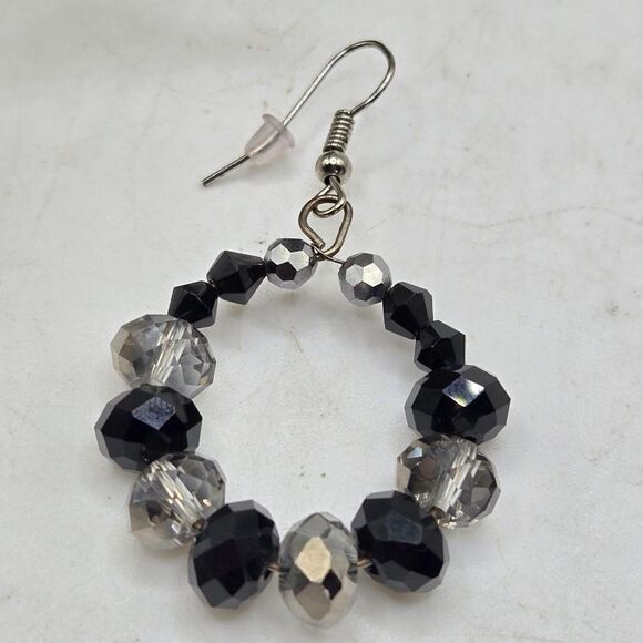 "5/$25" Mismatched Cross Circle Drop Black Crystal Silvertone Dangle Earrings - Picture 5 of 8